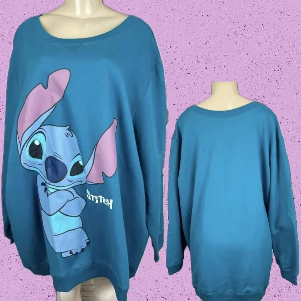 Disney +3X Teal Blue Stitch Graphic Crew Neck Relaxed Fit Long Sleeve Sweatshirt